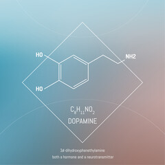 Dopamine neuro transmitter molecule and formula in front of cosmis background. Brain chemistry infographic.
