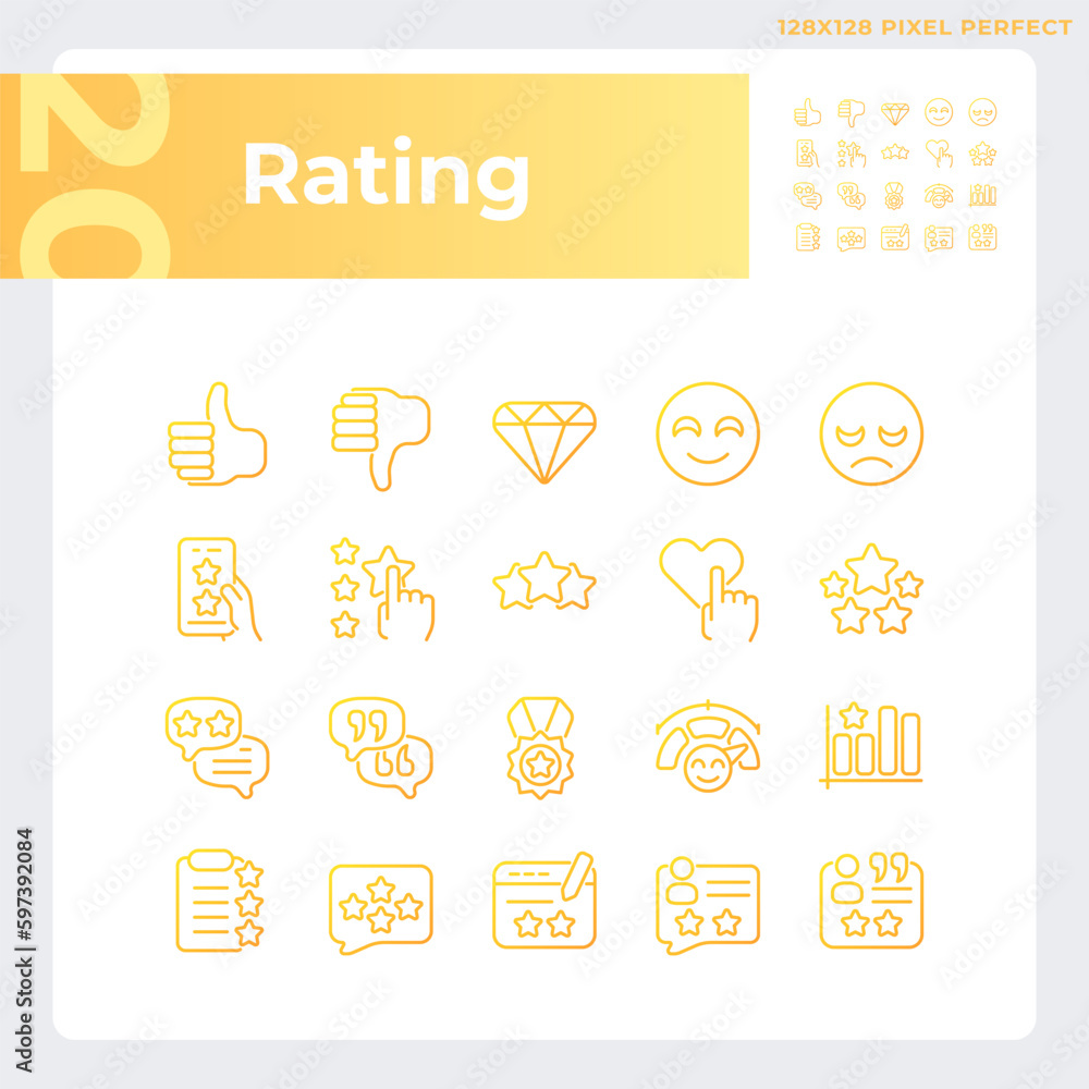 Poster rating pixel perfect gradient linear vector icons set. service evaluation process. customer experien