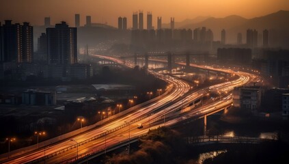 Fototapeta na wymiar Night lights illuminate Fuzhou's highways and skyscrapers