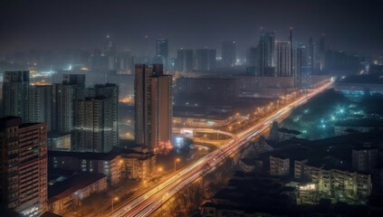 Fototapeta na wymiar Fuzhou, China: Nighttime glow on highways, high-rises