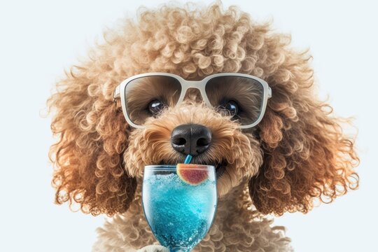 Poodle puppy dog with glass of cocktail on white background
