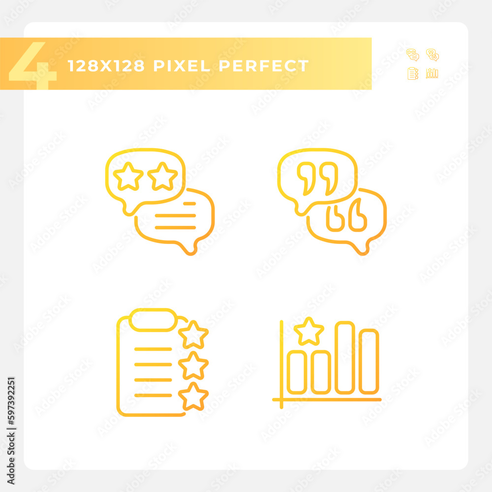 Poster business rating analysing pixel perfect gradient linear vector icons set. studying reaction. service