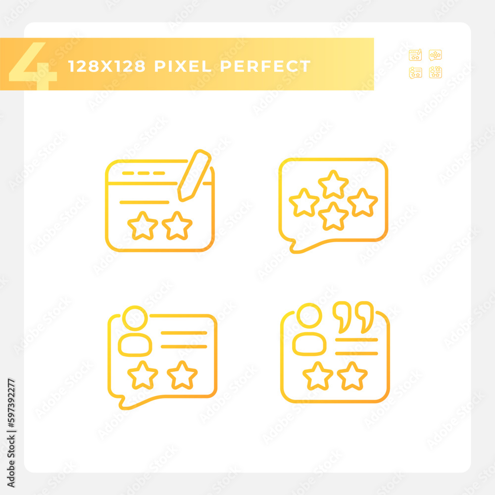 Poster leave comments with feedbacks pixel perfect gradient linear vector icons set. write review on servic
