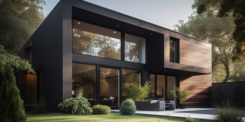 Exclusives Wohnhaus im modernen Stil mit viele Fenster, ai generativ