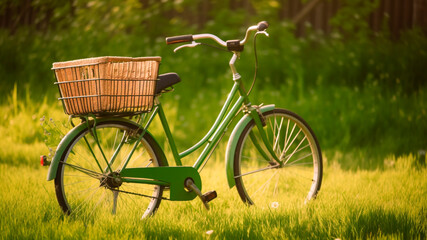 Fototapeta na wymiar Vintage bicycle with a basket in the green field. generative ai.