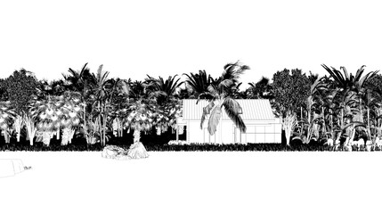 house in the jungle on the river bank on a transparent background, sketch, outline illustration, cg render