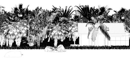 house in the jungle on the river bank on a transparent background, sketch, outline illustration, cg render