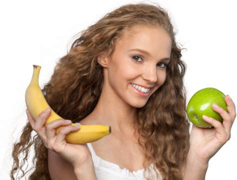Beautiful young woman with green apple and banana, close-up
