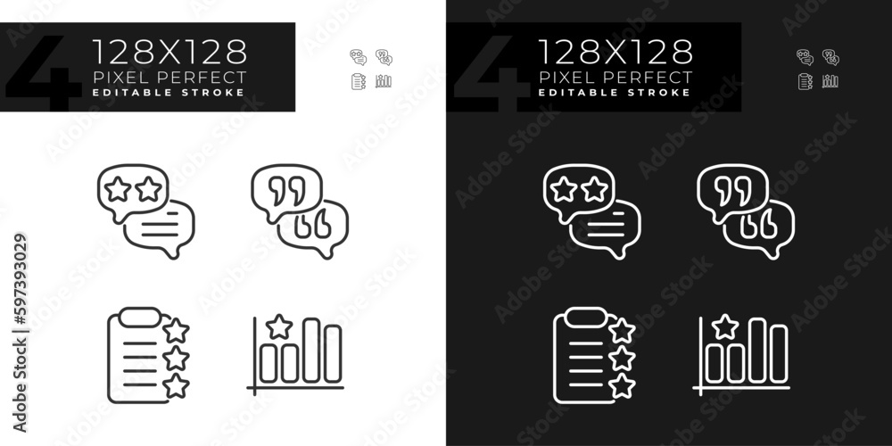 Poster business rating analysing pixel perfect linear icons set for dark, light mode. studying users reacti