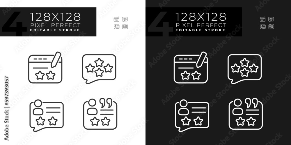 Poster leave comments with feedbacks pixel perfect linear icons set for dark, light mode. write review on s