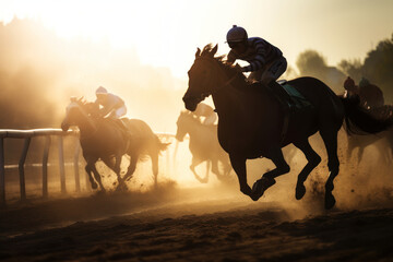 Horse racing at sunset. Silhouette of thoroughbred and jockey. Generative AI.