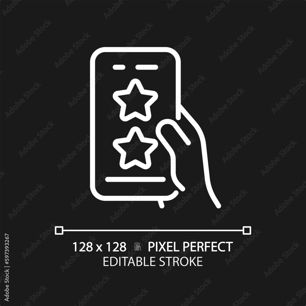 Poster mobile rating pixel perfect white linear icon for dark theme. evaluating cellphone application. digi
