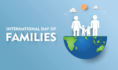 International Day of Families design. It features an icon of a family on a half globe. The family consists of a father, a mother, a boy and a girl. Vector illustration