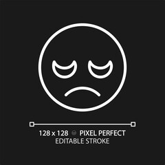 Disappointed emoji pixel perfect white linear icon for dark theme. Displeased customer feedback. Negative reaction on product. Thin line illustration. Isolated symbol for night mode. Editable stroke