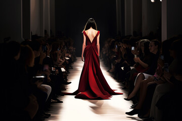 A model girl walks down the catwalk in a red dress at a fashion show.Generative AI illustration. Fashion Week.
