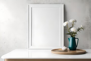 Unleashing Your Creativity: A Blank Picture Frame Mockup on a White Table with Vase for Copy Space