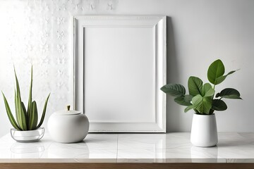 Minimalism at its Best: A Blank Picture Frame Mockup on a White Table with Vase Isolated on Interior