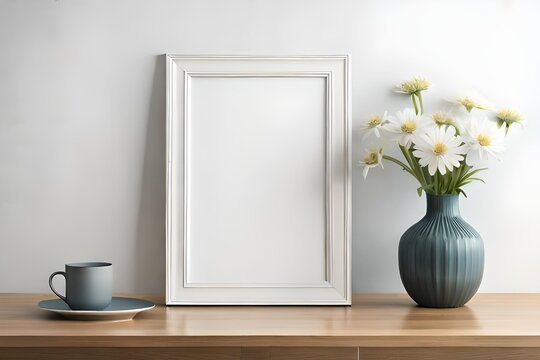 Empty Picture Frame Mockup: Enhancing Interior Design on a White Table with Vase Accent