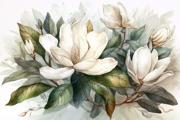 Clipart of white magnolia flower and leaf bouquet in watercolor style. Generative AI