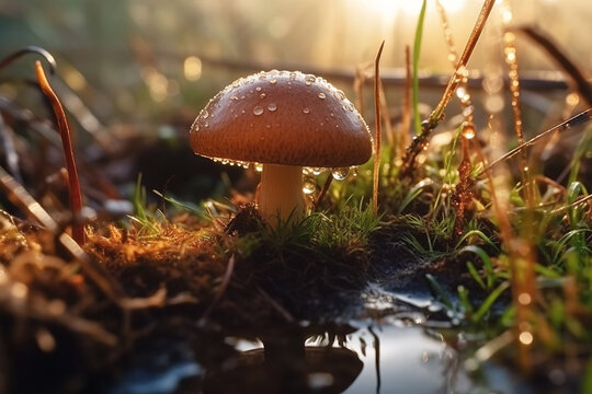 boletus mushroom in dew drops in grass in forest on a sunny summer day. Generative AI illustration