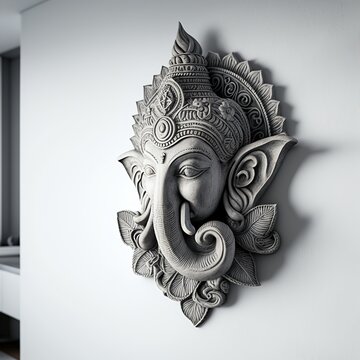 A white walled room with a statue of an Indian mythological God Lord Ganesha as Mural. Ai generated.