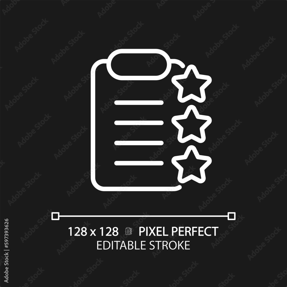 Poster Clipboard with stars pixel perfect white linear icon for dark theme. Report about product checkup. Service rating documentation. Thin line illustration. Isolated symbol for night mode. Editable stroke
