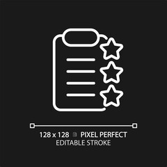 Clipboard with stars pixel perfect white linear icon for dark theme. Report about product checkup. Service rating documentation. Thin line illustration. Isolated symbol for night mode. Editable stroke