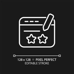 Review pixel perfect white linear icon for dark theme. Customer feedback on internet. Leaving opinion about service and product. Thin line illustration. Isolated symbol for night mode. Editable stroke