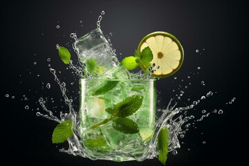 Obraz na płótnie Canvas Refreshing lime drink with mint, ice, and splashing juice. Perfect for cocktails and smoothies. 3D design. Generative AI