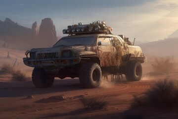 Obraz premium Apocalyptic car desert fantasy. Generate Ai