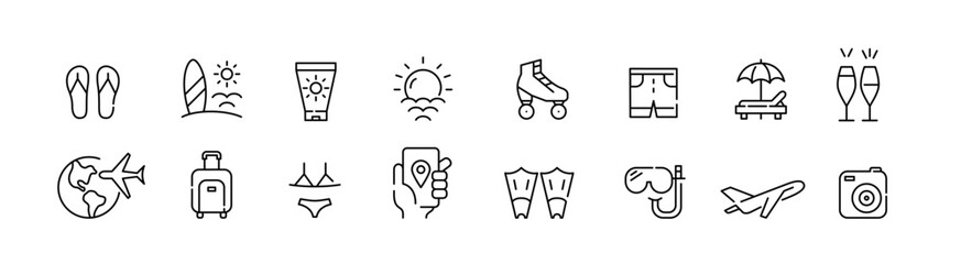 Travel to the beach. Vacation at the sea icons. Flight, camera, bikini, water activities. Pixel perfect, editable stroke