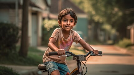 A fictional person.  Young boy learning to ride a bicycle in a suburban neighborhood