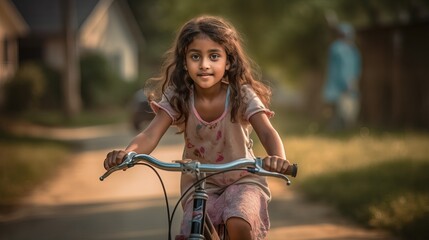 Fototapeta na wymiar A fictional person. Young Girl Learning to Ride a Bicycle in Serene Suburban Neighborhood