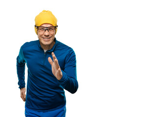 Smiling fit man in warm sport clothes running on white background