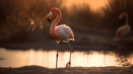 A pink flamingo enjoying the summer sunset