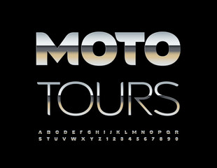 Vector Silver Emblem Moto Tours. Modern Metallic Font. Steel Alphabet Letters and Numbers set