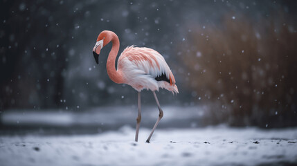 A flamingo in the winter snow