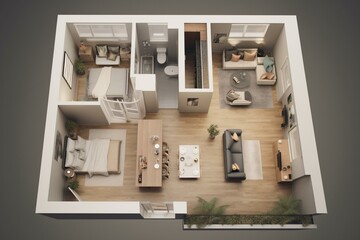 Floor plan of 2BR apt with central kitchen/living area and BR/living area opposite. Generative AI