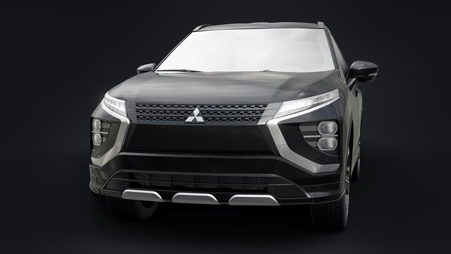 San Diego, USA. March 31, 2023. Black Mitsubishi Eclipse Cross PHEV 2022 on a black background. Hybrid SUV car. 3d rendering