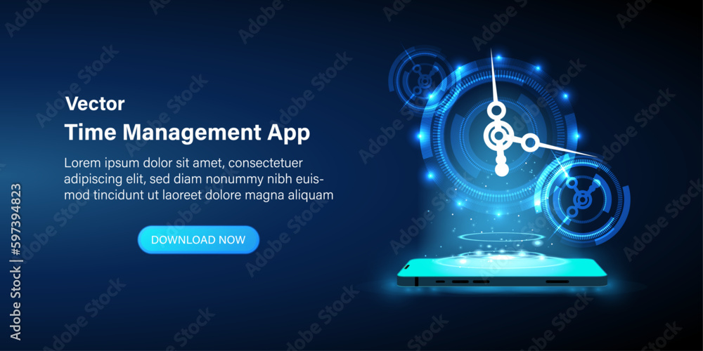 Poster smart phone time management apps and tools. alarm clock management digital technology on smartphone.