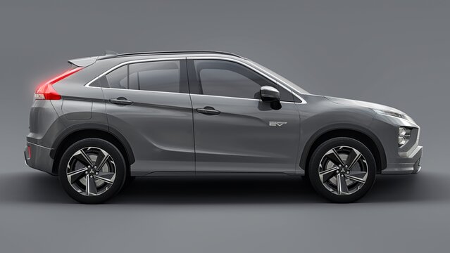 San Diego, USA. March 31, 2023. Grey Mitsubishi Eclipse Cross PHEV 2022 on a Grey background. Hybrid SUV car. 3d rendering