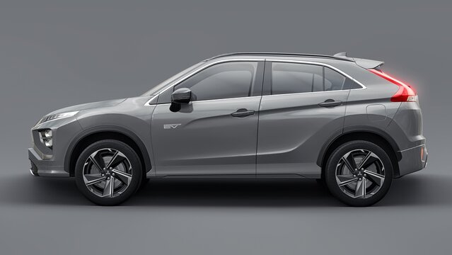 San Diego, USA. March 31, 2023. Grey Mitsubishi Eclipse Cross PHEV 2022 on a Grey background. Hybrid SUV car. 3d rendering