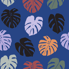 Fototapeta na wymiar Colourful monstera leaves seamless pattern for fabric, stationery, wallpaper, print or beachwear.