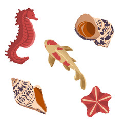 Color vector set of Ocean inhabitants and objects of the underwater world. Illustration of Fish and Shells. The concept of Summer holidays.