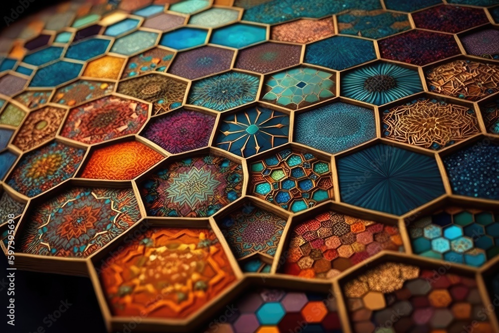 Aufkleber mosaic art abstract background in hexagonal shape. distinct generative ai image.
