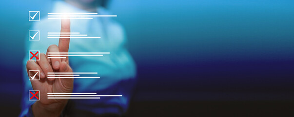 Survey form, check marks on checklist, filling online form and answering questions concept. Banner....