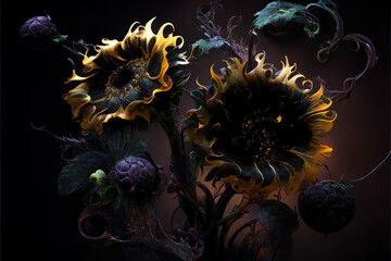dramatic flowers, black dark sunflowers . Ai generated