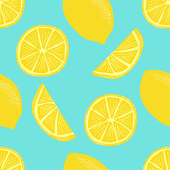 Hand drawn lemons and lemon slices, citrus seamless pattern