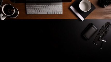 Office leather desk with computer, supplies and coffee, black background, top view