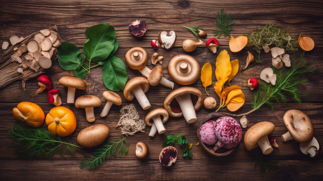 Organic harvest Vegetables from garden and forest mushrooms. Vegetarian ingredients for cooking on dark rustic wooden background